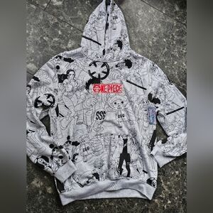One Piece Boa Hancock AOP Luffy Pirate Embroidered Logo Grey Hoodie Mens L NWT
